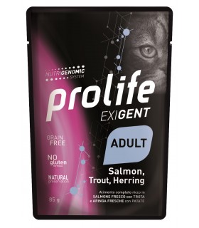 Prolife gatto exigent adult salmone trota aringa e patate bustina 85 gr